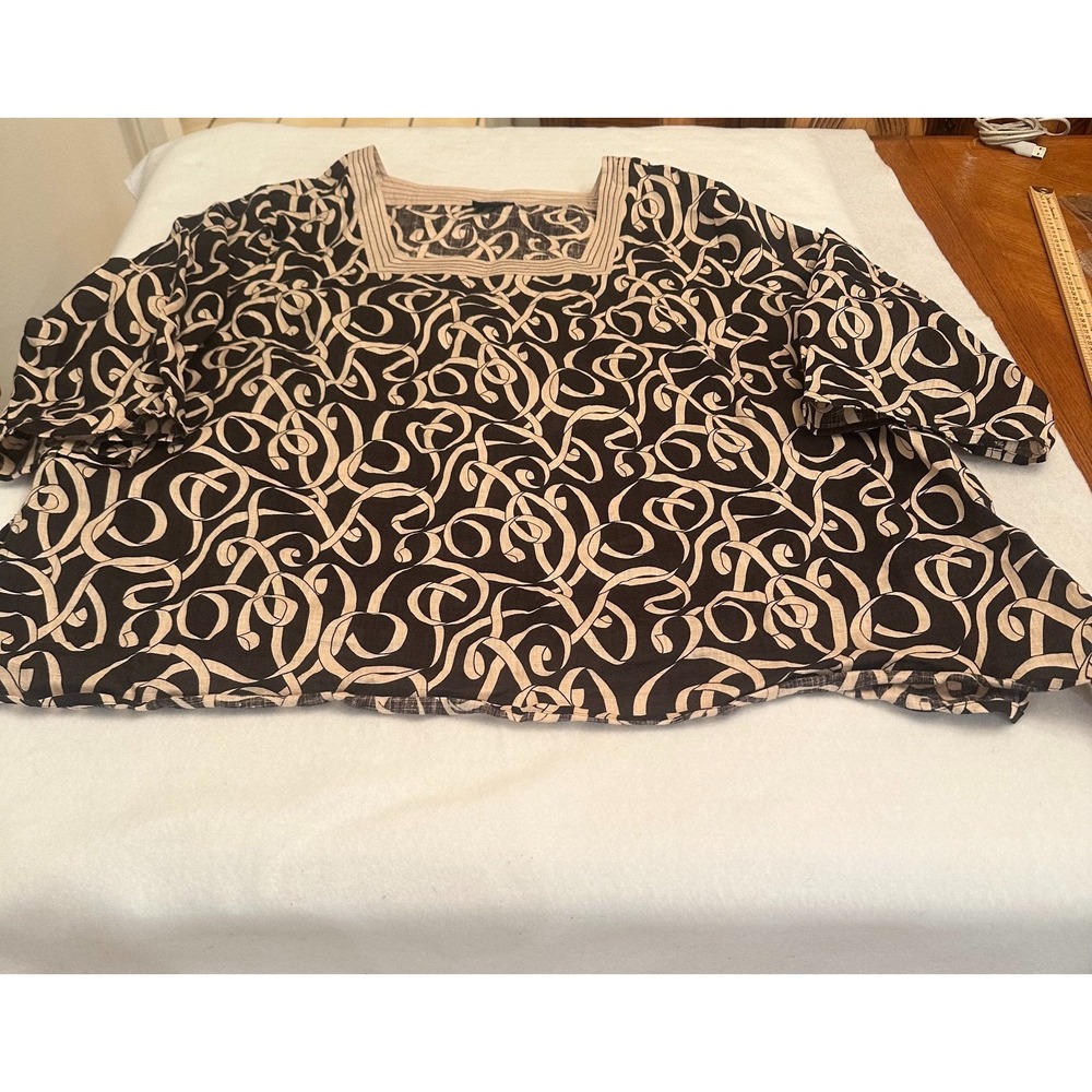 Saint Tropez West Womens Linen Top 3X Black Beige Scroll Print Square Neck Tunic